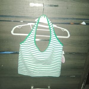 ECT White/Green Striped Seamless Halter Top XL 🆕